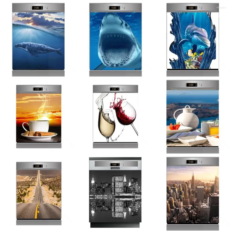 Stickers Muraux Taille Personnalisée 3D Art Bleu Mer Ville Vin Auto-Adhésif Lave-Vaisselle Réfrigérateur Gel Autocollant Enfant Réfrigérateur Porte Couverture Papier Peint