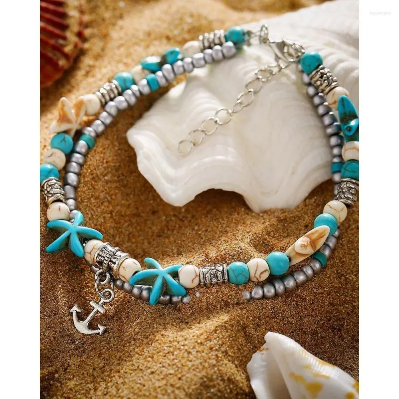 Ankletter 4pc sommarkvinnor pärlor turkos dubbel lager anklet legering grafisk conch havsstjärna ankare pendell strand armband dagligen accessori