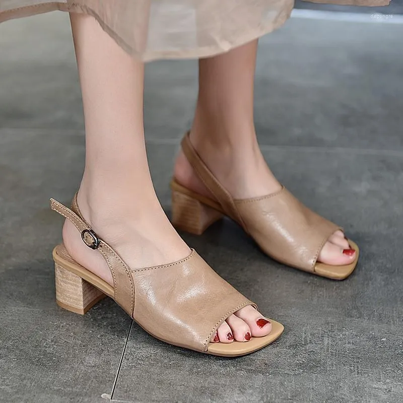 Sandals Johnature Genuine Leather Mid Heel Peep Toe Summer 2023 Handmade Simple Solid Color Comfortable Women Shoes