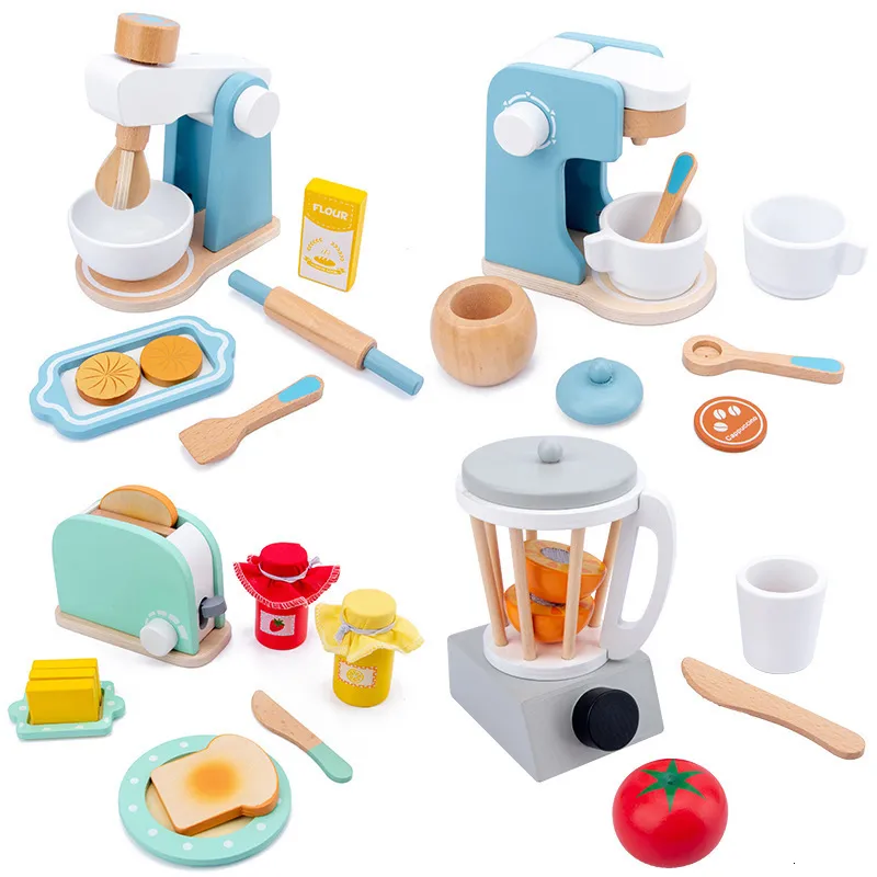 Кухни играют в еду деревянные игрушки кухня притворяться домашним игрушечным моделированием тостер машинный кофейный микшер детей раннее образование подарок 230605