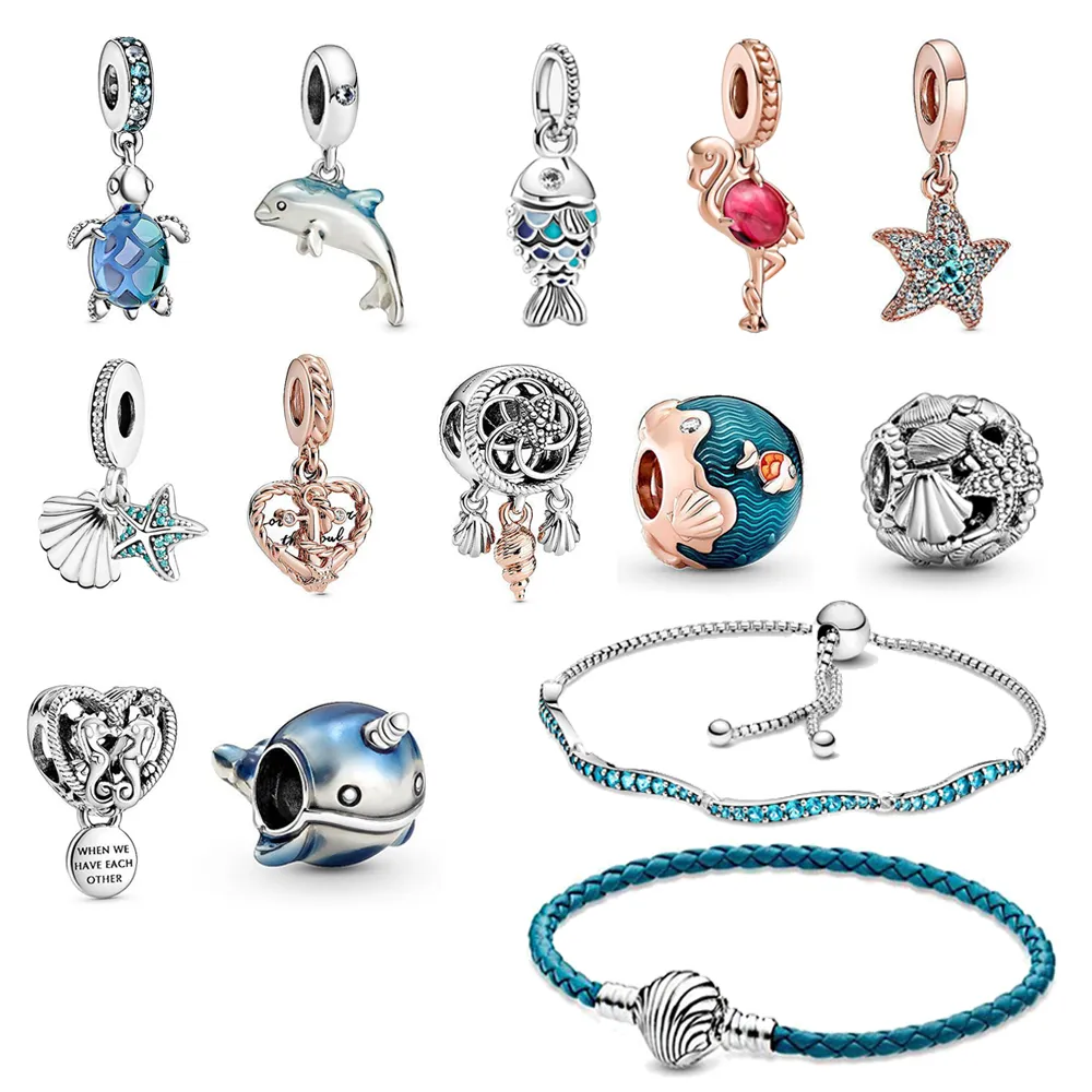 Nouveau S925 Sterling Silver Color Ocean Series Flamingo Starfish Shell Charm Fit Original Pandora Bracelet pour Femmes Bijoux Livraison Gratuite