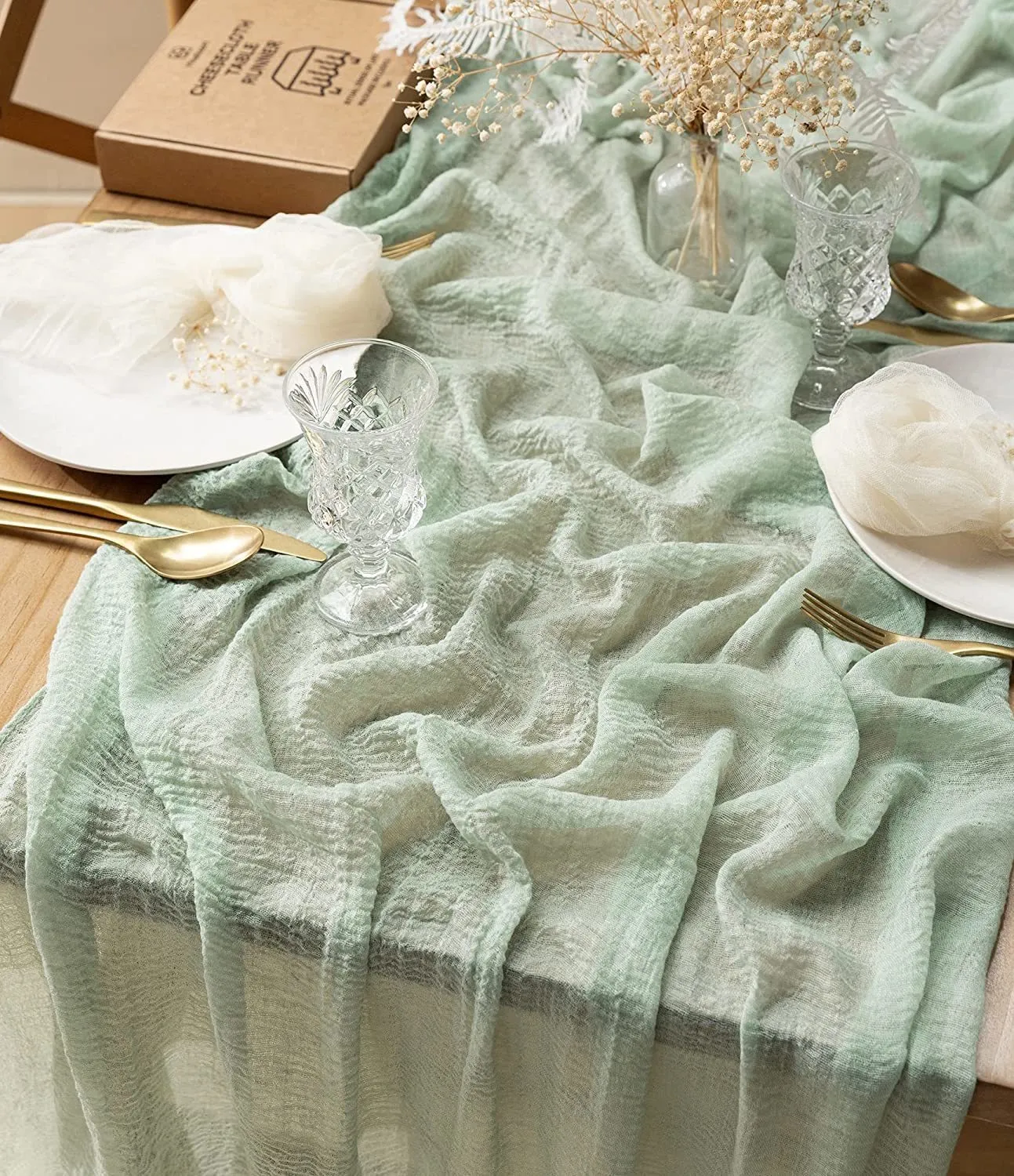 Bordslöpare Sage Green Cheesecloth Table Runner 10ft Boho Gaze Wedding Dining Table Decoration Rustic Reception Brudduschbord Täck 230605