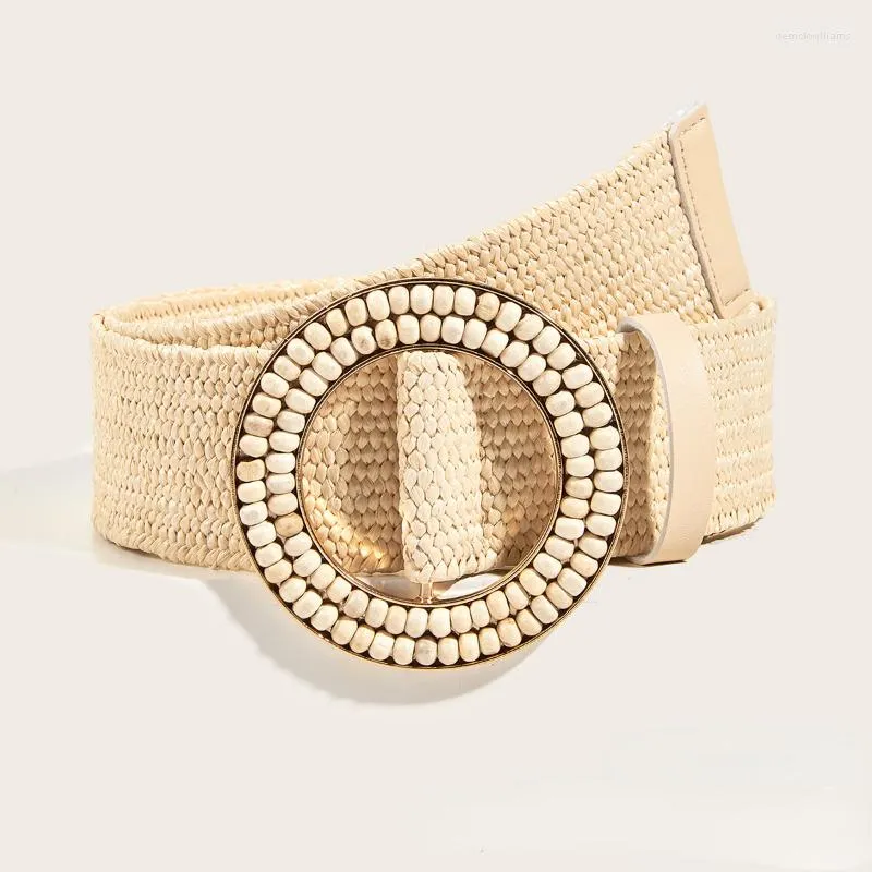 Cinture Cintura intrecciata in erba PP vintage per accessori per abiti estivi da donna Stile bohémien Fibbia di perline intarsiata in legno tondo fatto a mano elastico