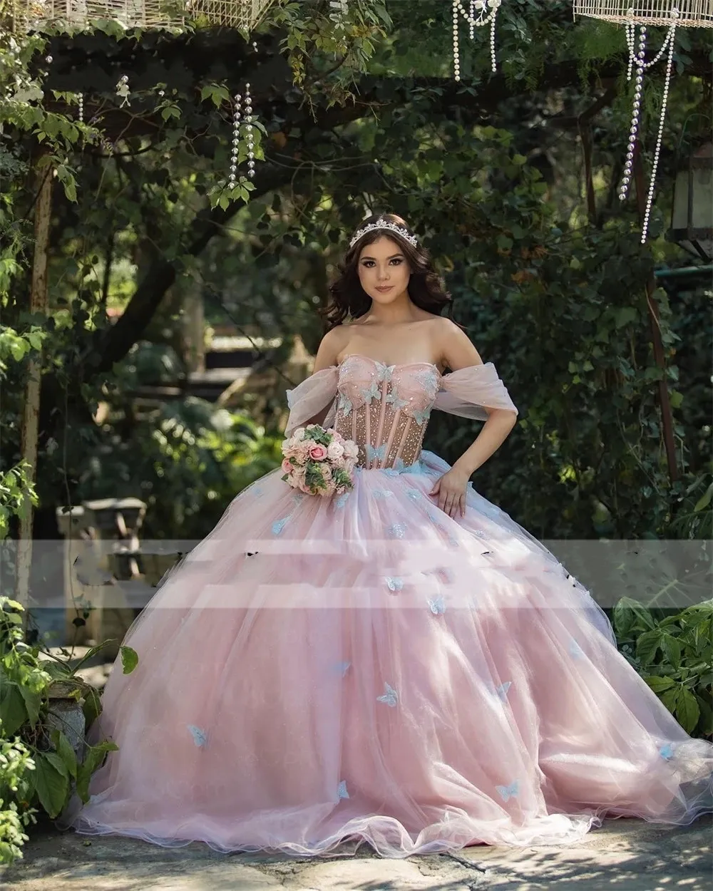 Farfalle blu rosa con spalle scoperte Abiti da ballo Abito da compleanno Abito da laurea con fiocco Quinceanera De