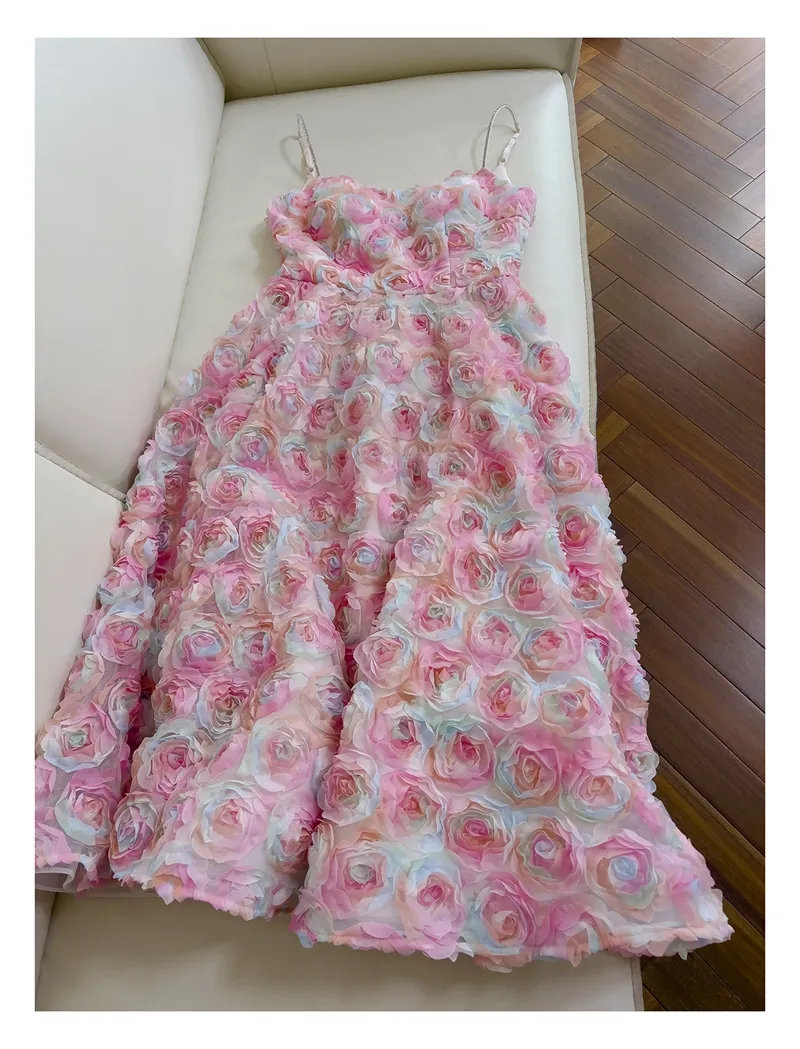 Summer Multicolor 3D Floral Panelled Tulle Pink Floral Dress