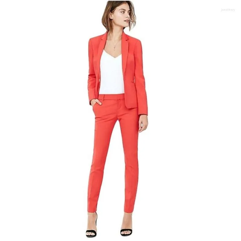 Calça Feminina de Duas Peças Moda Feminina Vermelha Terno Feminino Com Lapela Dentada Slim Fit Escritório Vestuário de Trabalho Formal Feita Sob Medida Jaqueta Feminina Com