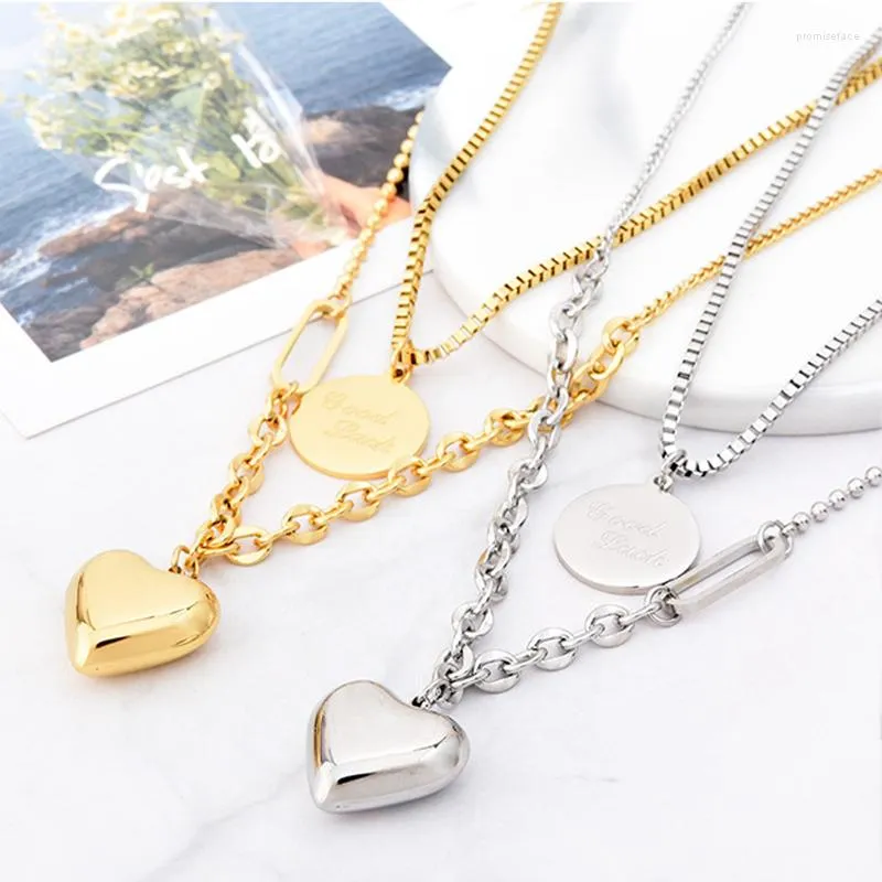 Pendant Necklaces Fashion Wome Multilayer Personality Stainless Steel Gold Silver Color Coin Letter Luck Double Chain Choker Necklace