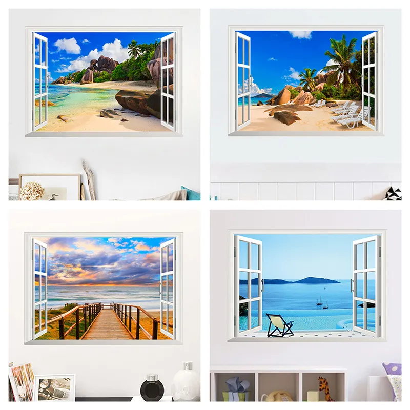 Sea Beach Island 3d Window Wall Stickers For Bedroom Home Decoration Diy Scenery Wall Mural Art Landscape Pvc Decals