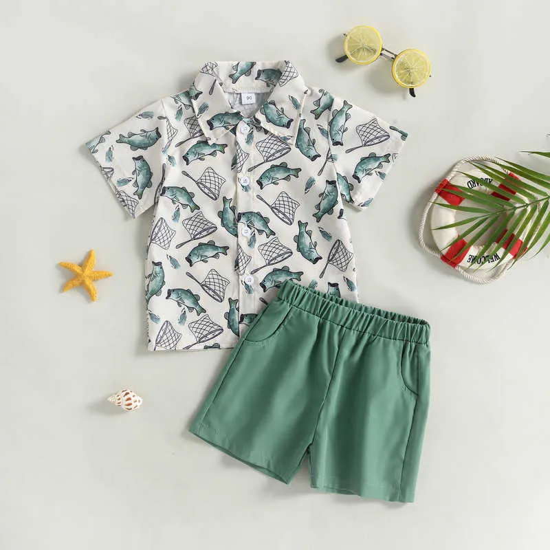 Clothing Sets Kids Boys Gentleman Short Outfits Summer Clothes Fish Sleeve Button Up Shirt and Elastic Shorts for Boy