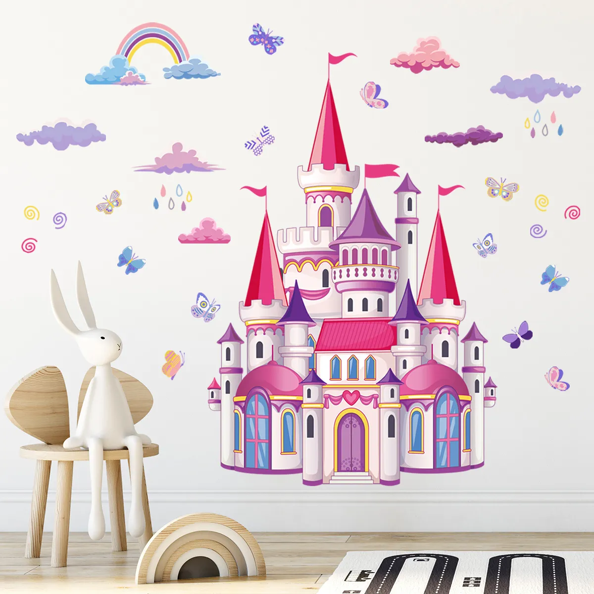 Rainbow Cloud Fairy Tale Princess Castle Wall Stickers For Kids Room Home Decor Girls Princess