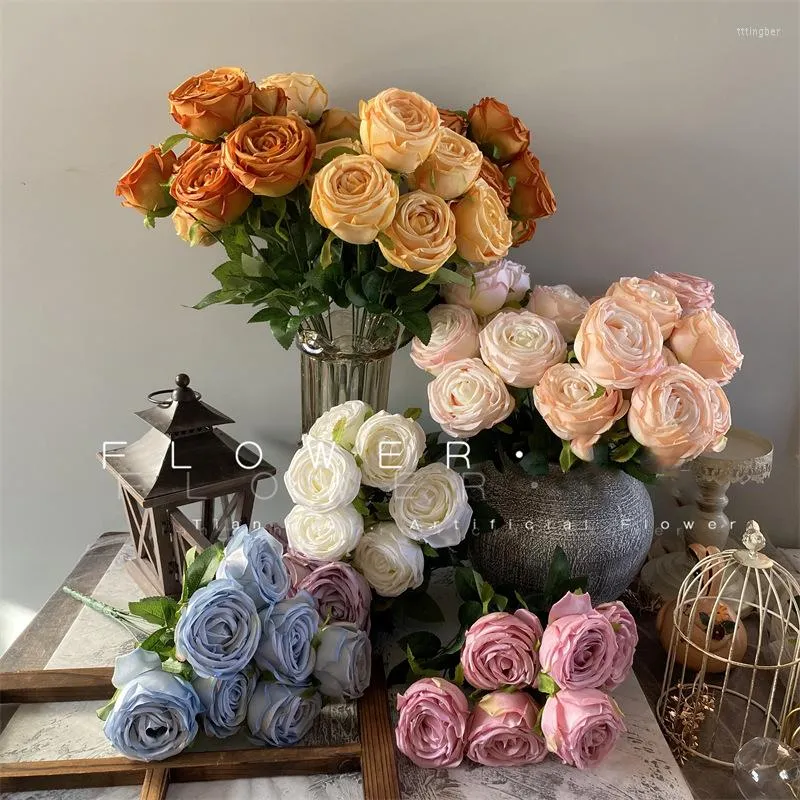 Decorative Flowers 7 Heads 1 Bouquet Camellia Rose Artificial Flower Wedding Table White Curled Home Decoration