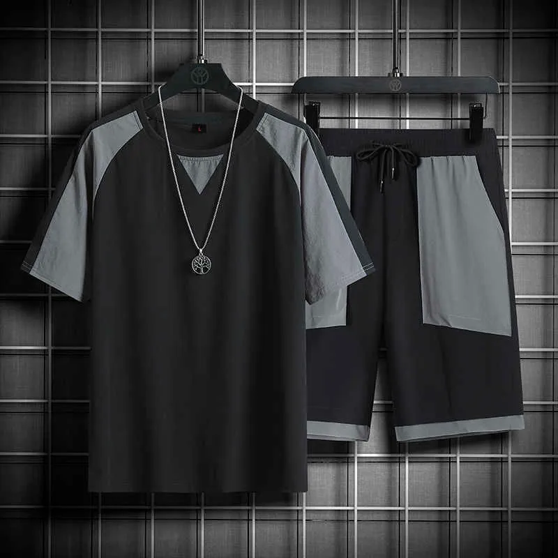 Tracksuits heren zomer nieuwe casual casual Harajuku track suit patch werk 2023 hip-hop-hop street kleding t-shirt+shorts set p230605
