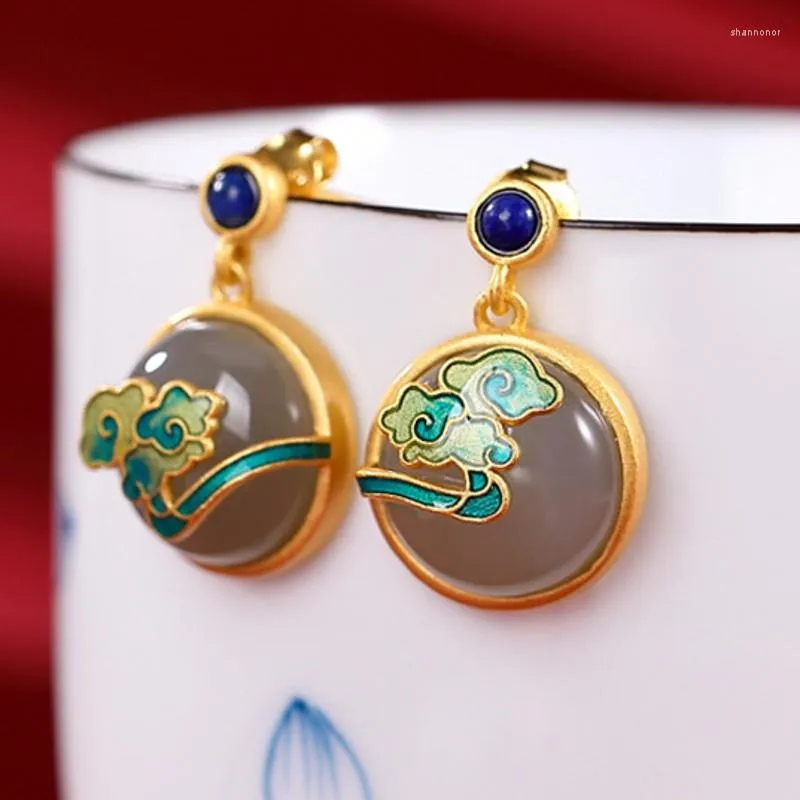 أقراط مسمار حقيقية S925 Silver Gold Cloisonne Hetian Smoke Purple Jade Former