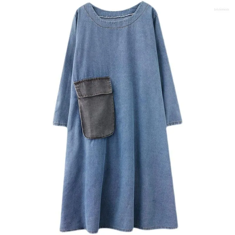 Casual Dresses Loose Denim Dress Women Vintage Pocket Long Sleeve Jeans Blue Spring Autumn Maxi Streetwear Cowboy