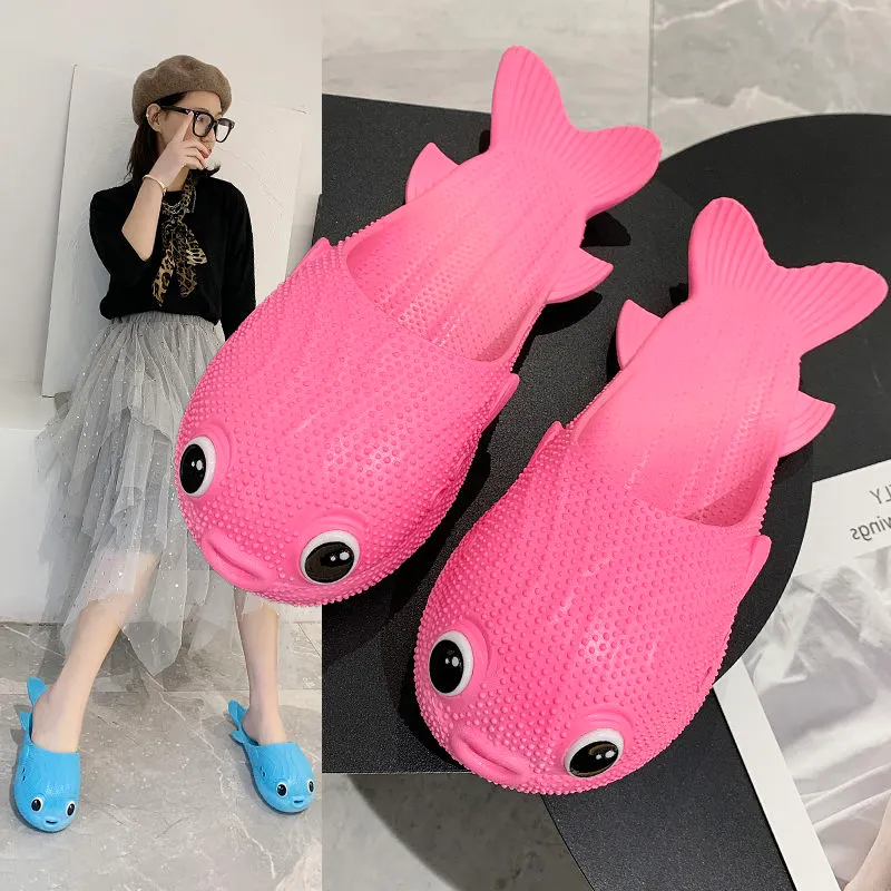 Dauphin poisson femmes chaussures maison intérieur doux antidérapant pantoufles dessin animé drôle Super mignon Baotou poisson bouche pantoufles respirantes.