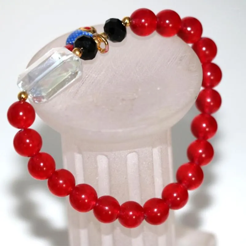 Pulseiras de elo moda 8 mm jade vermelho pedra natural contas redondas calcedônia pulseira pulseira para mulheres joias de cristal cloisonne 7,5 polegadas B2949