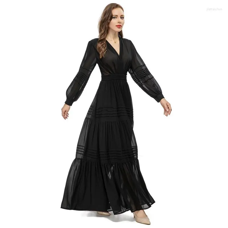 Robes décontractées pli col en V manches longues plissé taille haute drapé longueur de plancher noir élégant robe d'automne S - XXL