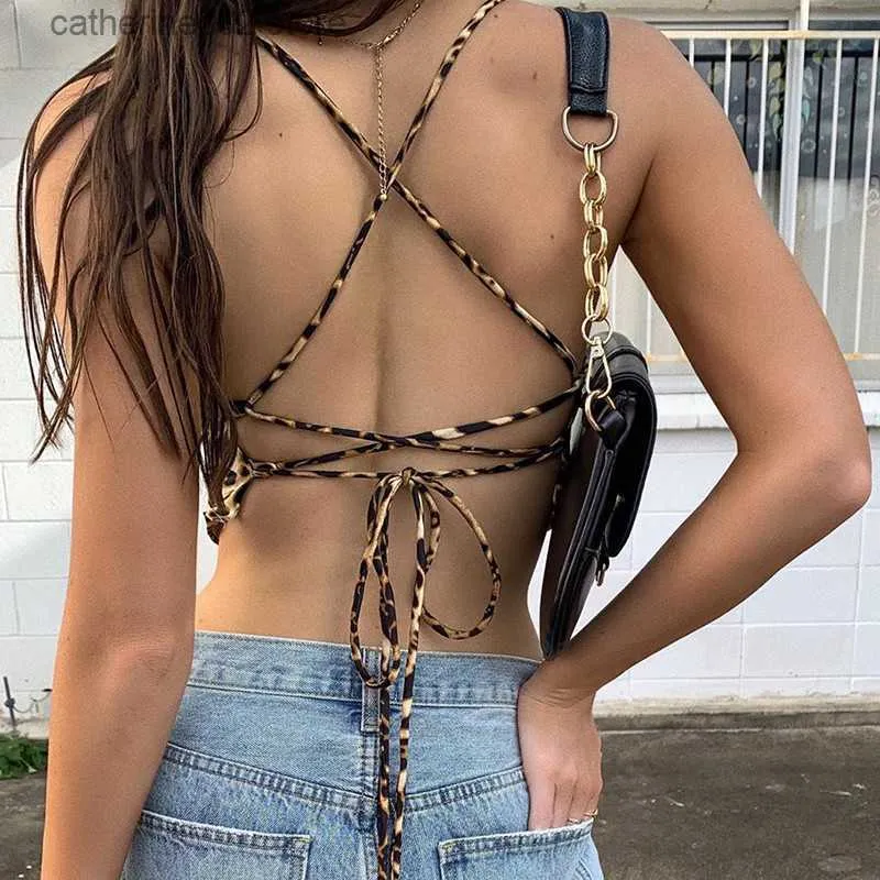 Womens Leopard Backless Lace-up Crop Tank Tops: Sexy Open