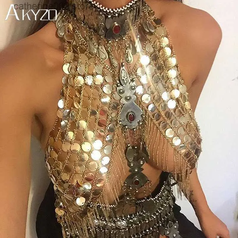 Kvinnors tankar Camis Akyzo Festival Club Party Tank Women Sexig handgjorda akryl paljetter Body Metal Chain Camis Top Silver Gold T230605