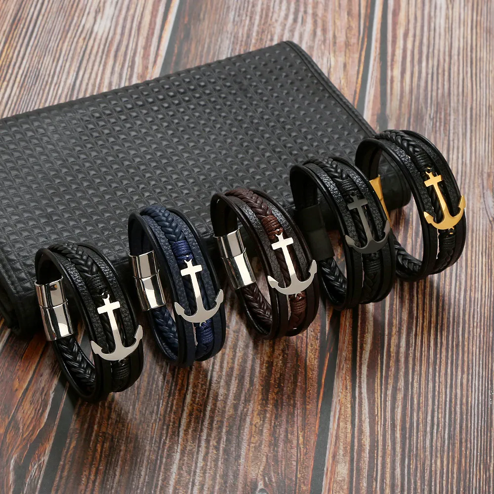 Multi Layered Leather Bracelet Stainless Steel Anchor Charm Bracelets Jewelry for Gift