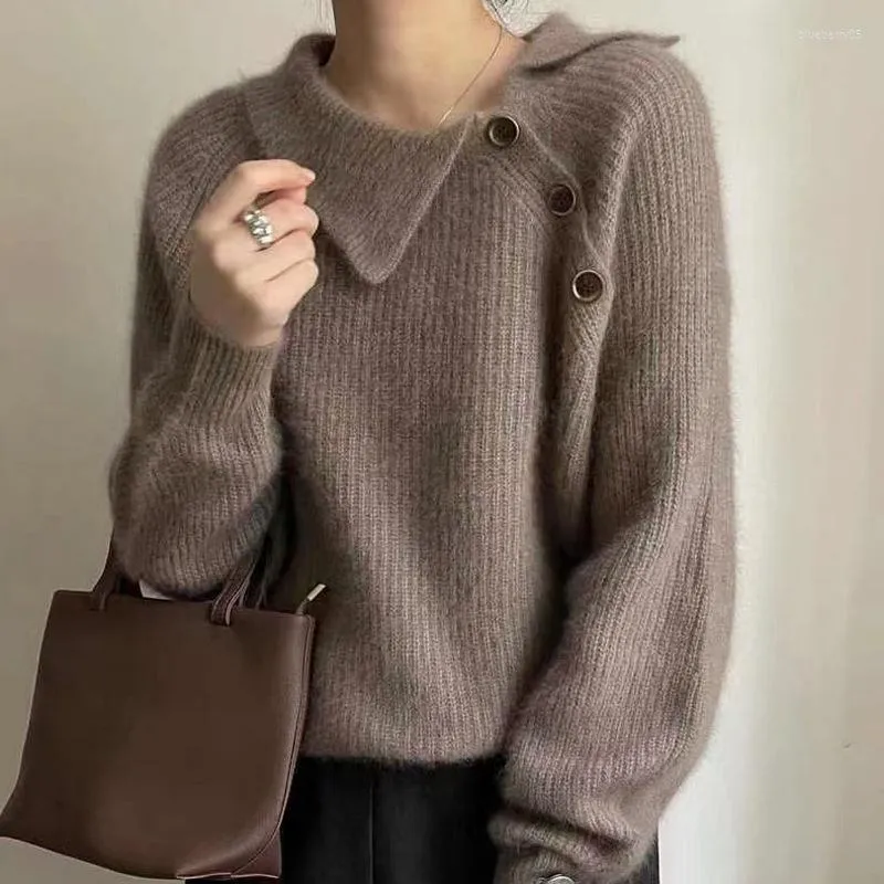 Women's Sweaters Knitwears Women Sweater Bevel Henley Thick Set On Female In The Spring Loose Languid Is Lazy Wind Long Sleeve