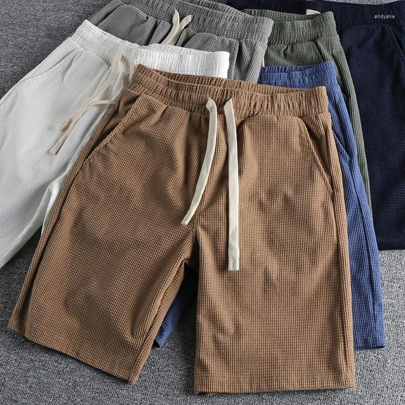 Shorts Masculino Verão Americano Simples Waffle Cor Sólida Moda Masculina Algodão Puro Solto Elástico Cintura Cordão Esporte Casual