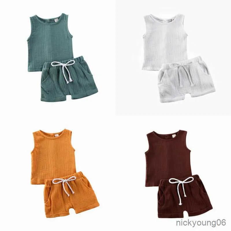 Completi di abbigliamento 2020 nuovi neonati maschi ragazze estate tinta unita senza maniche in cotone lino pulsante gilet gilet top pantaloni corti elastici abiti