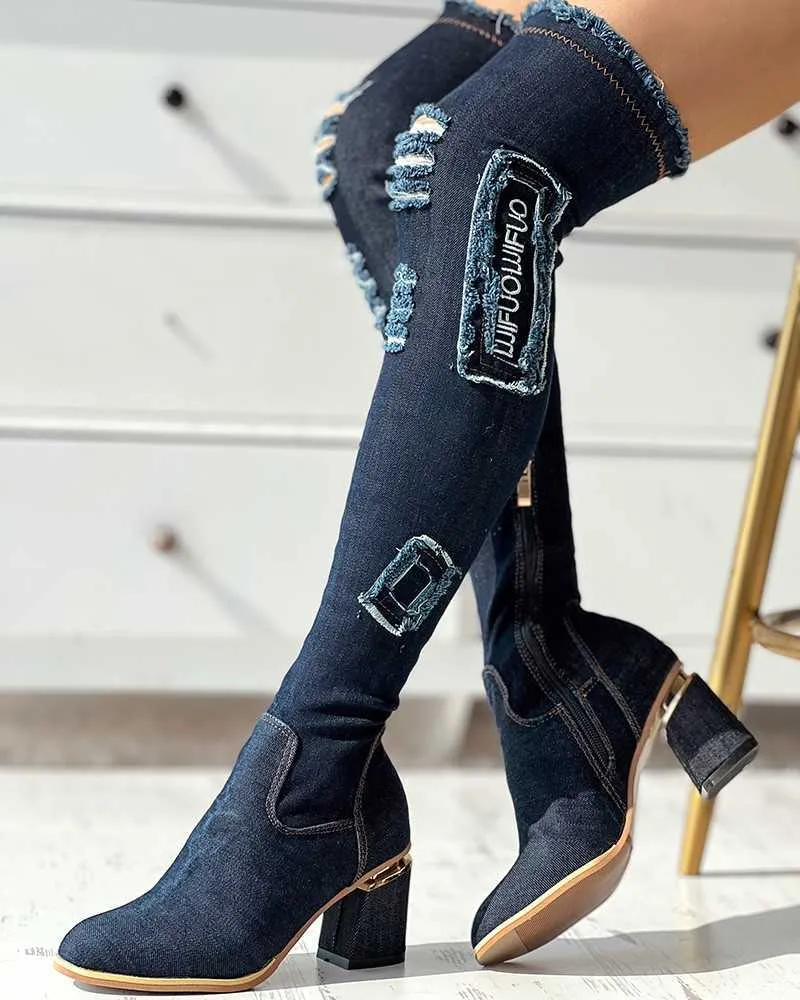 Boots Denim Side Zipper Sexy Thigh High Boots Fringe Chunky High Heels Over The Knee Boots For Women 2022 Dress Shoes Ladies Z0605