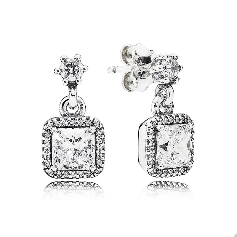 Square Crystal Diamond Stud Pendientes para Pandora Auténtica plata esterlina Diseñador de joyas de boda Pendiente de fiesta para mujeres Niñas Pendiente de lujo con caja original