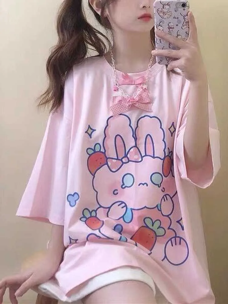 T-Shirt Deeptown Damen Anime Kawaii Harajuku Grafik Sommer Weiches Mädchen Cartoon Rosa Top Niedliches Print T-Shirt P230603