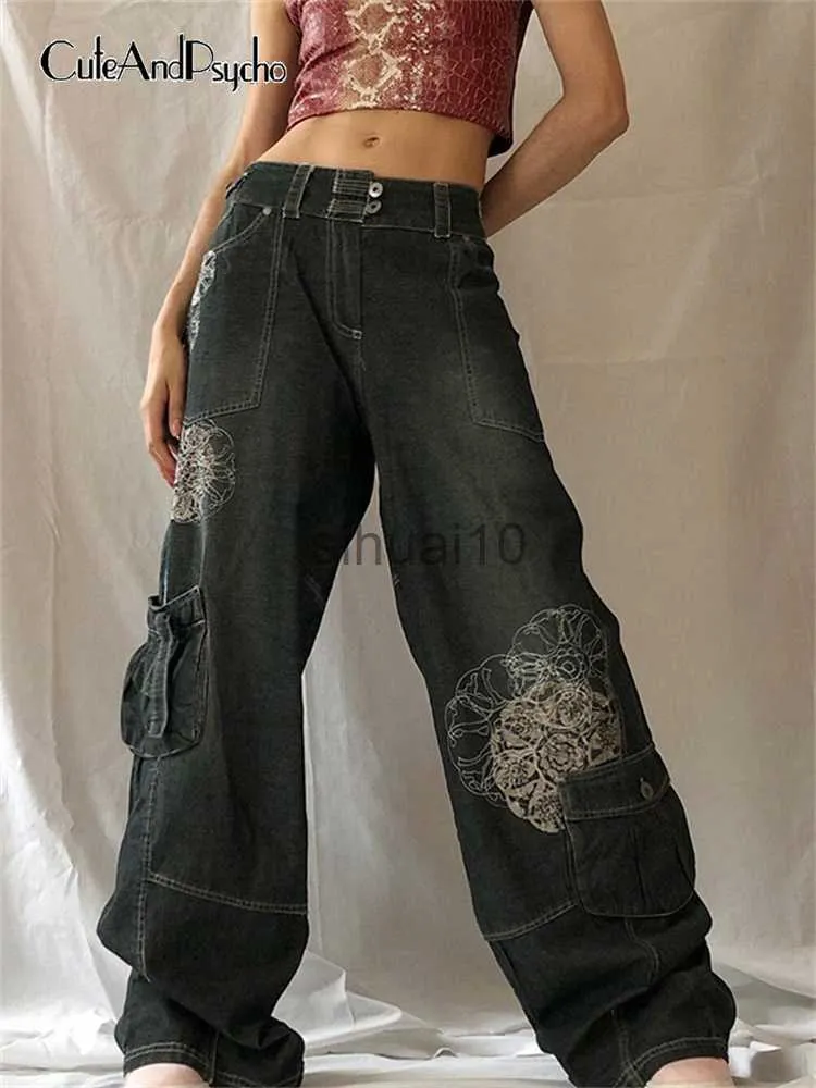 Jeans da donna Stampa grafica retrò Jeans larghi Y2K Grunge Fairycore Pantaloni cargo in denim a vita alta Streetwear Pantaloni sportivi casual Cuteandpsycho J230605