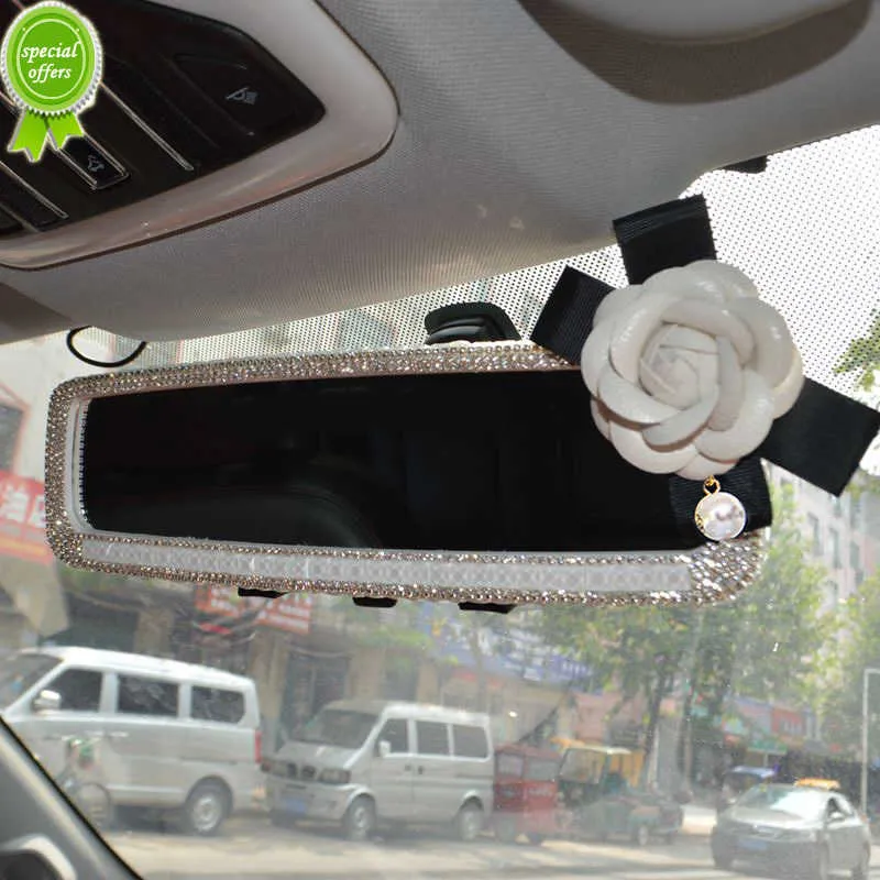 New Bling Rhinestone Rear View Pearl Camellia Flower Auto Interior Mirror Trim Decoration Crystal Diamond Car Accessories