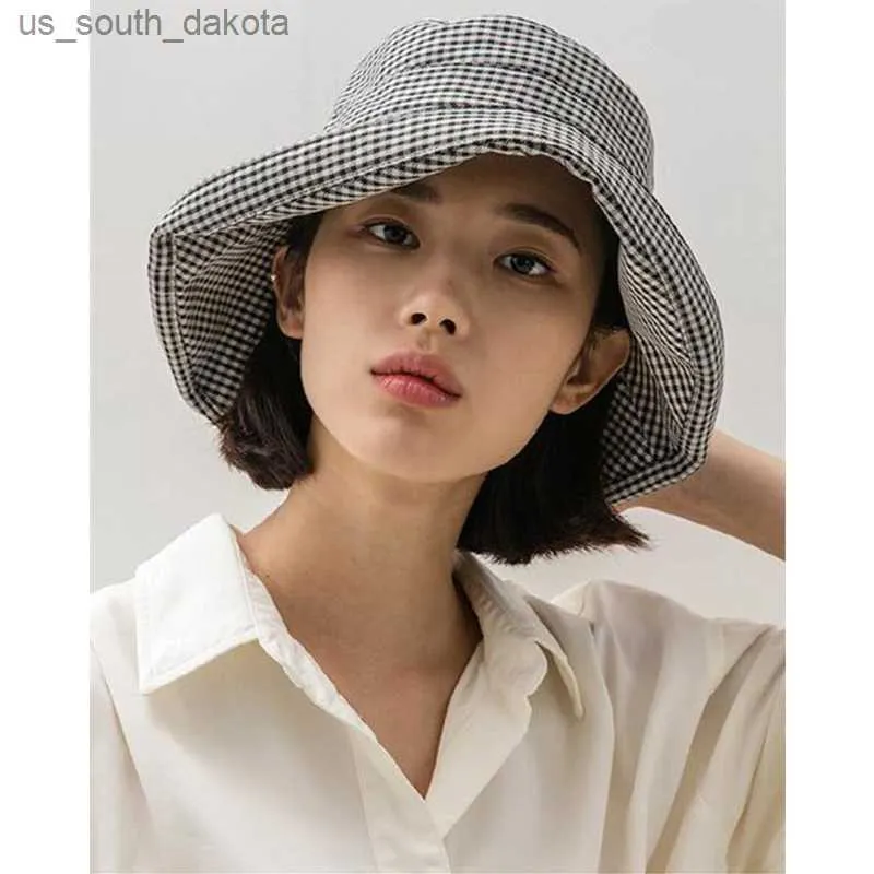 Летняя широкая края проверенная шляпа для женских девушек Flodable Sun Beach Fisherman Cap Cotton Ladies Spring Outdoor Ship L230523