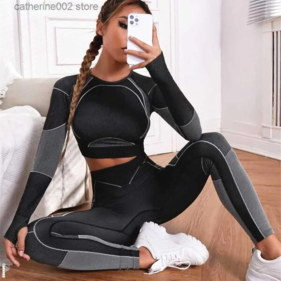 Survêtements pour femmes 2023 1 / 2Pcs Femmes Seamless Set Gym Costumes Fitness Sportswear Taille Haute Leggings À Manches Longues Crop Top Survêtement De Sport T230605