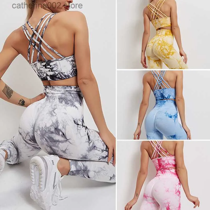 Women's Tracksuits Seamless Tie-Dyed Sets Sports Fitness High Waist Hip Raise Pants Cutout Bra Suit Workout Clothes Gym Leggings Set for Women T230605