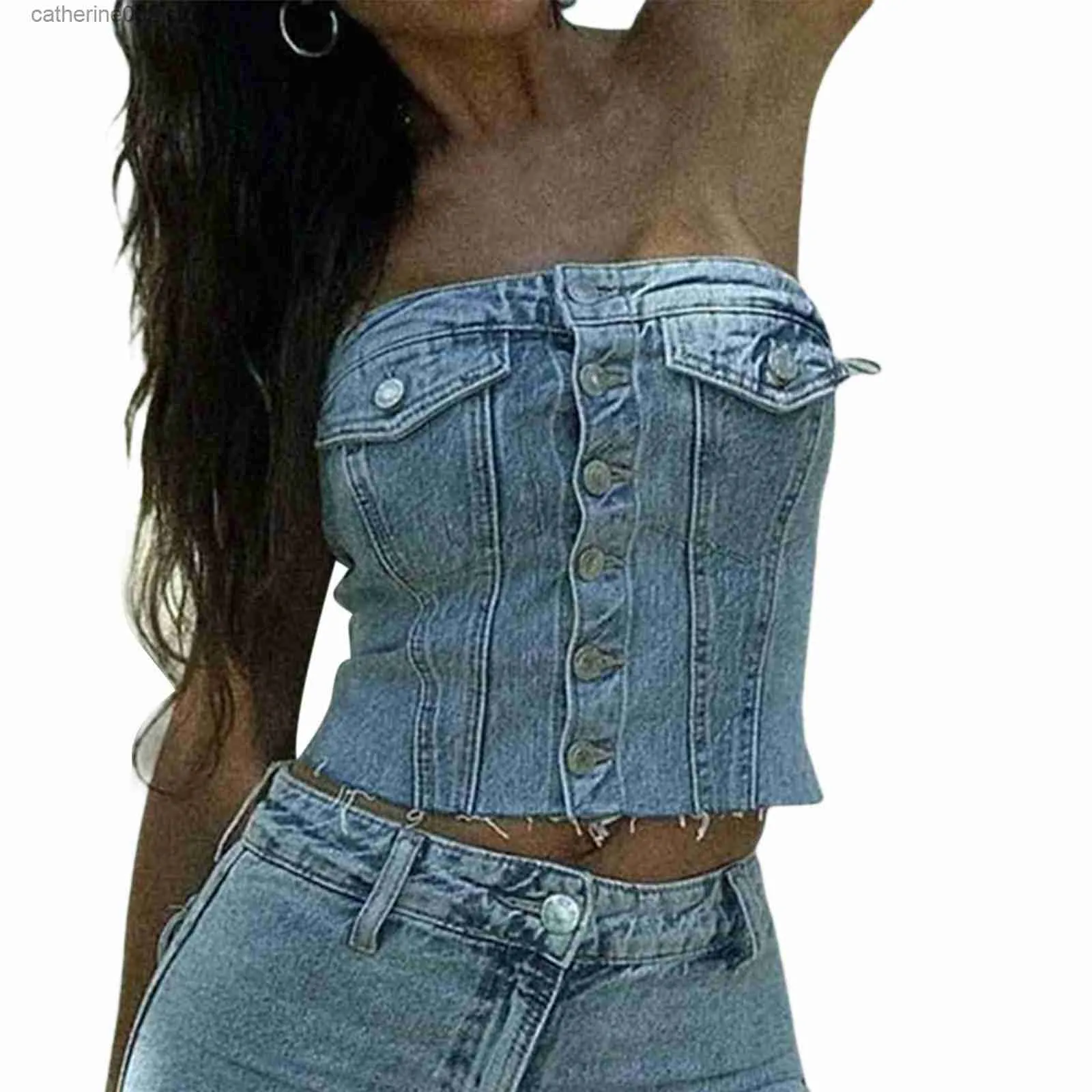 Women's Tanks Camis Women Blue Denim Corset Bustier Crop Top Female Off Shoulder Sleeveless Buttoned Bandeau Tube Y2k Fashion Summer Tops Streetwear T230605