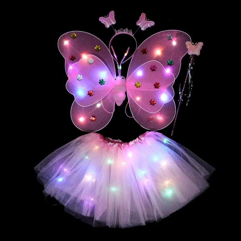 LED Light Sticks Vlindervleugels Meisjes Kostuum Verjaardag Halloween Prinses Jurk Angel Lichtgevende Tutu Rok Party Up 230605