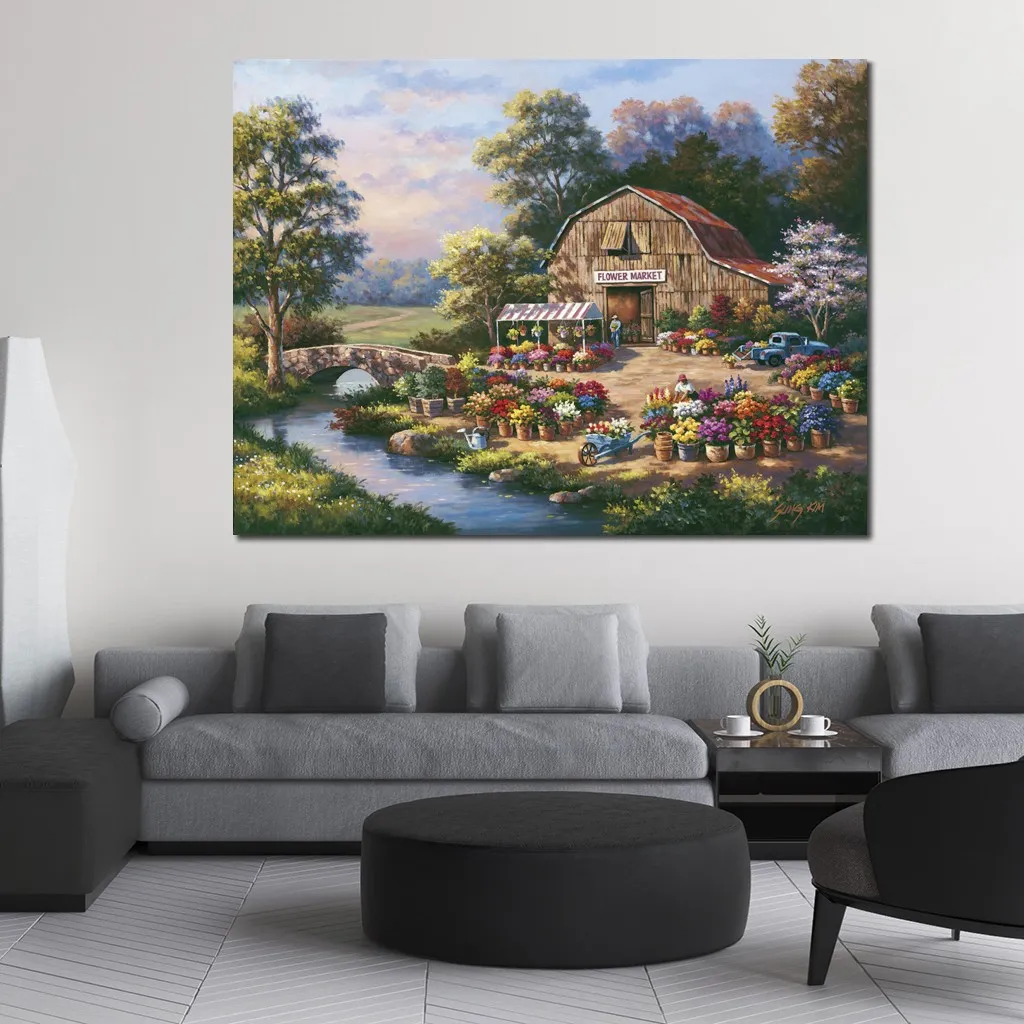 Seaside Serenity Canvas Wall Art Flower Market Realistisch landschap Handgemaakt mooi kunstwerk voor kantoormuur