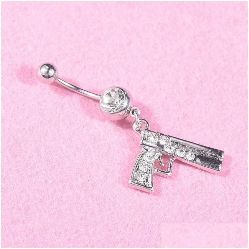 sexy gun shape wasit belly dance crystal body jewelry stainless steel rhinestone navel bell button piercing dangle rings for women