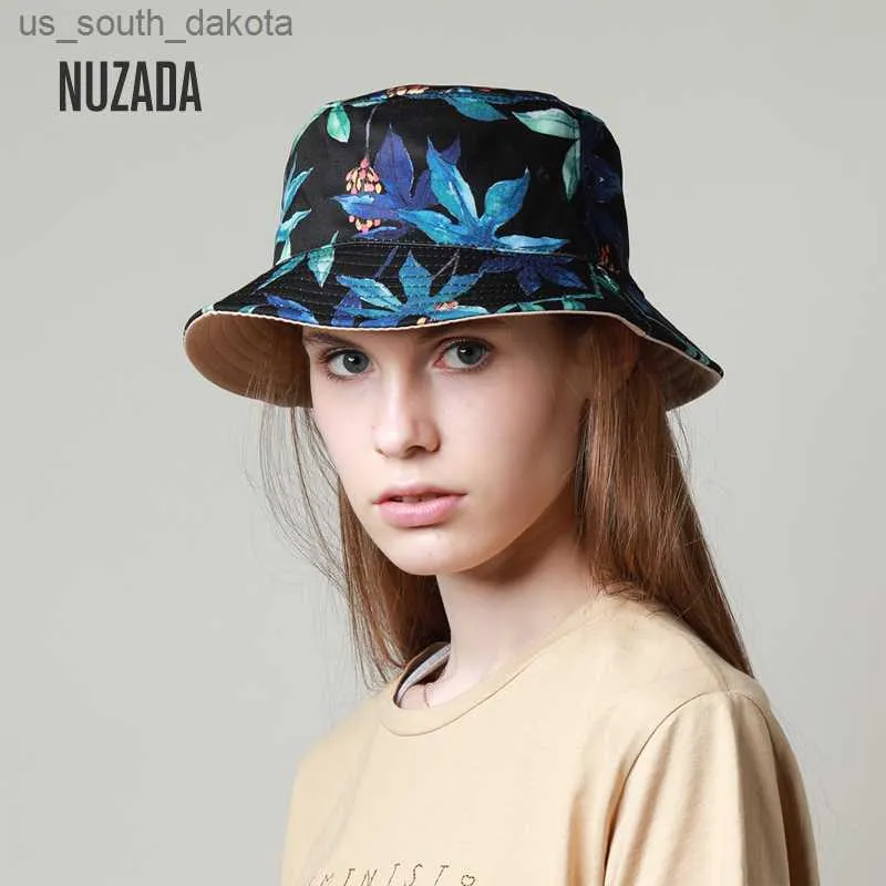 NUZADA Druck Eimer Hut Sommer Hüte Für Frauen Fischer Hut Baumwolle Faltbare Weibliche Sonnenschutz Schatten Kappen Doppelseitig Kann getragen Werden L230523