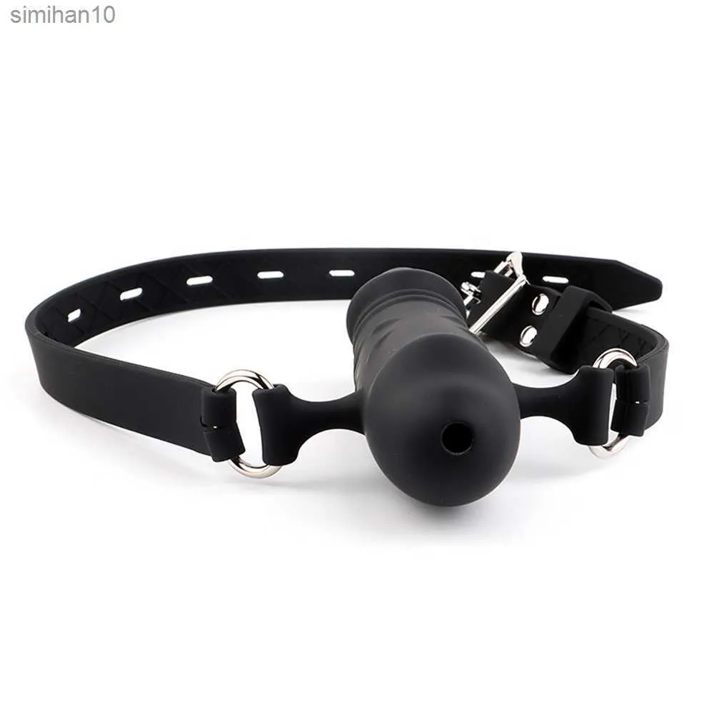 Bouche Gag Gode Oral Fixation Harnais Bondage Bracelet En Cuir sur Sex Toys Pénis Plug Silicone Godes À Double Extrémité pour Couple Femmes L230518