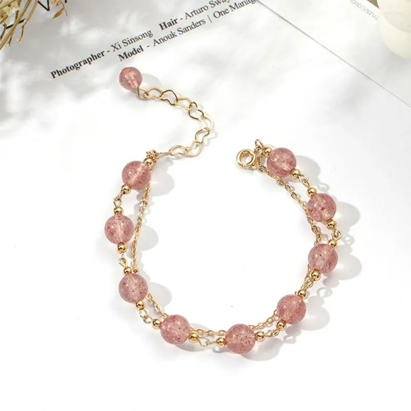 Braccialetti con ciondoli Braccialetto a catena con perline in metallo di cristallo rosa Doppi strati Sfera rotonda Perline semplici Collegamento a portata di mano Bracciale placcato in oro Damen