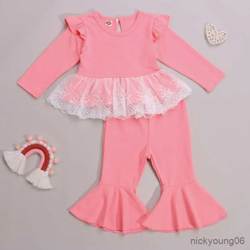 Clothing Sets 2 Pieces Kids Suit Set Toddler Lace Trim Round Neck Long Sleeve Tops and Solid Color Flared Trousers for Girls 1-5 Years