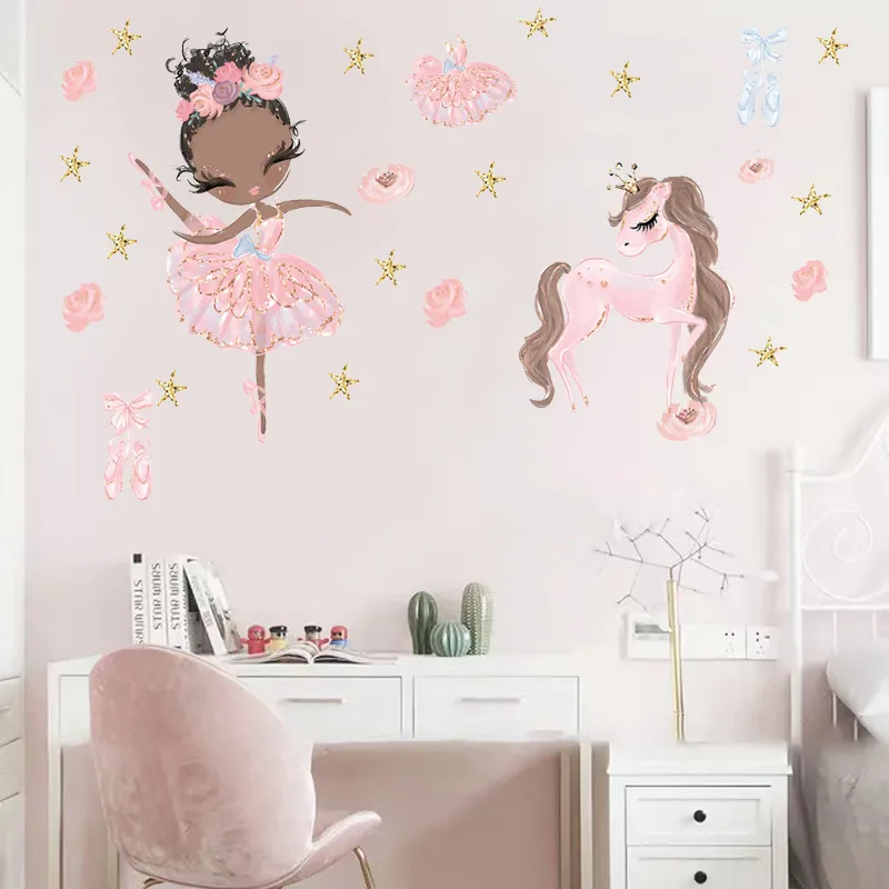 Adesivos de parede bonitos da estrela do unicórnio da bailarina para quartos dos miúdos meninas quarto do bebê decoração do quarto do berçário Kawaii Fairy Princess papel de parede
