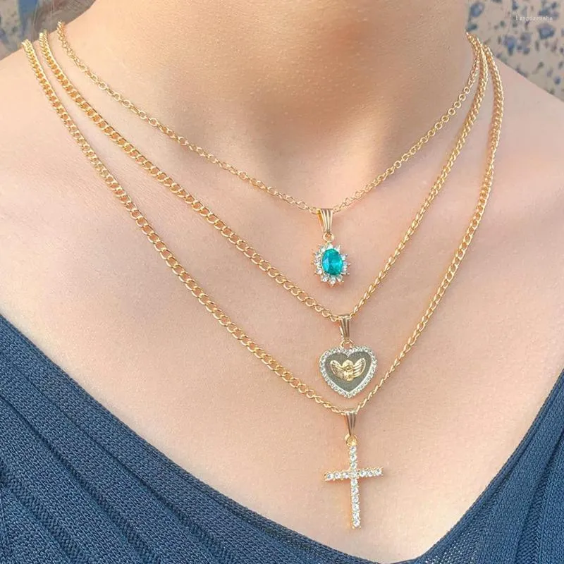 Kedjor Vintage Multi-Layer Heart Angel Crystal Cross Pendant Necklace For Women Gold Color Metal Chain Chokers Halsband Party Jewelry
