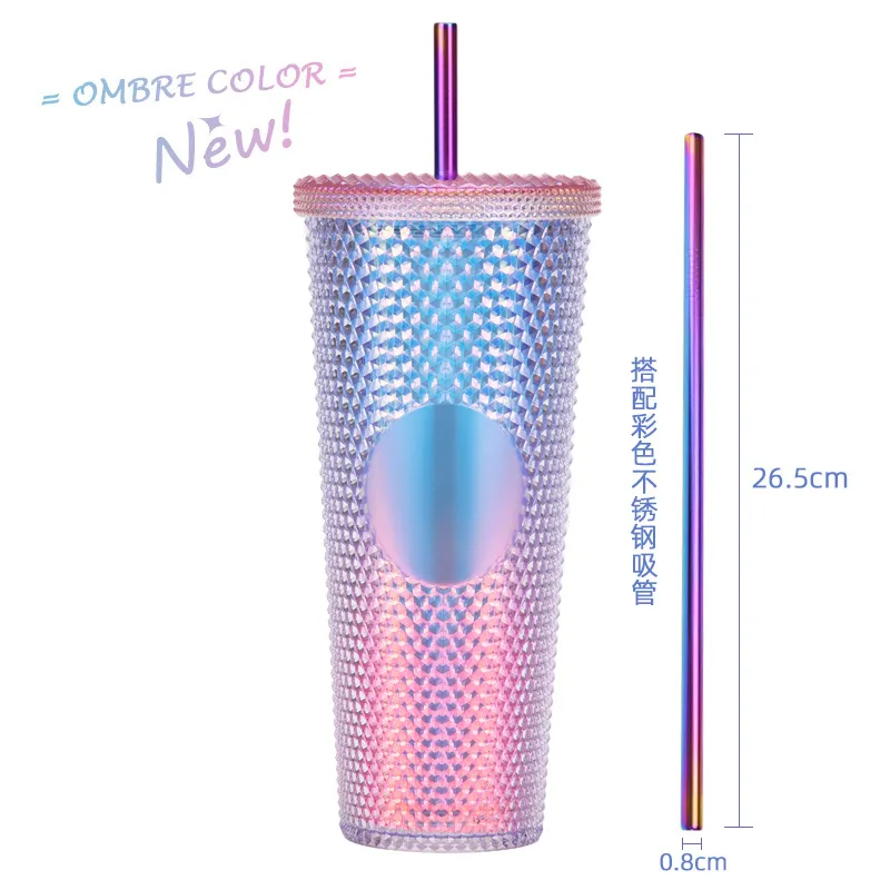 Express! Double Layer Ombre Glitter Plastic Tumblers with Straw Large Capacity Creative 710ml Ombre Glitter Acrylic Tumblers Hand Cups A0120