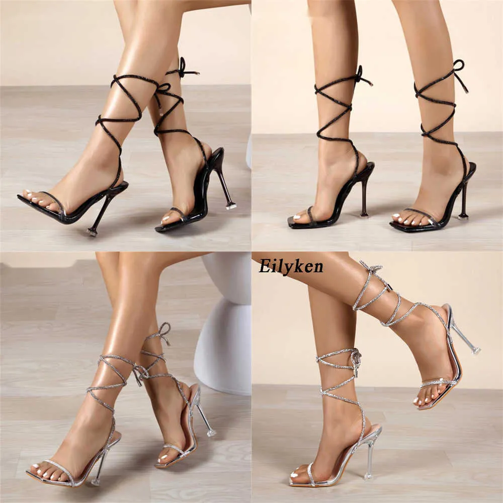 Zomer Sandalen Designer Transparante Enkel Lace-up Vrouw Elegante Sexy Open Teen Kristalheldere Hoge Hakken Bruiloft Schoenen 230511