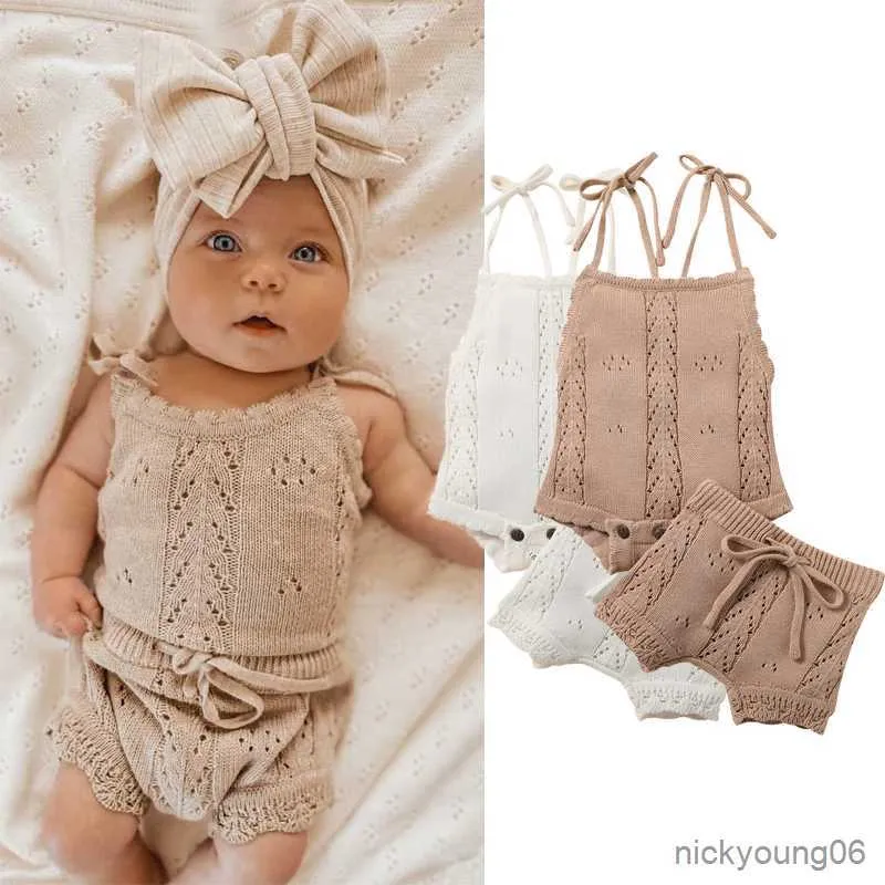 Kleidungssets für Kinder, Baby, Sommerkleidung für Neugeborene, Jungen und Mädchen, einfarbig, gestrickt, rückenfrei, Strampler und Shorts mit Kordelzug, Strand-Outfits