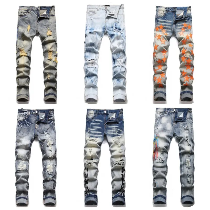 Mens Distress Jeans Skinny Rasgados Slim Fit Denim Destroyed Denim Destroyed Calças Hip Hop Para Homens Bordados Patchwork Rasgados Para Marcas de Tendência Calças de Motocicleta Masculinas Skinny 2091