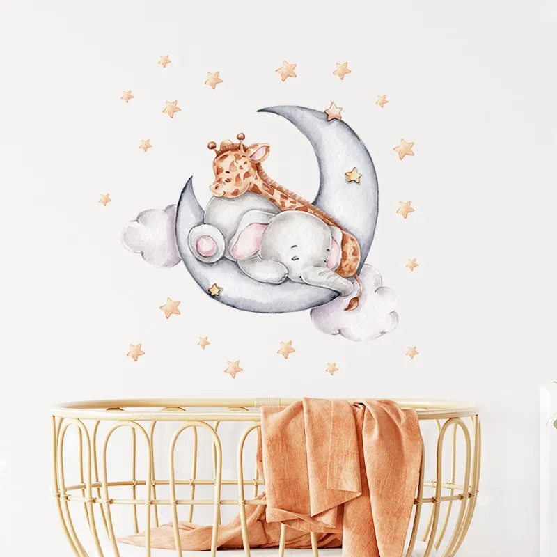 Tecknad elefant giraff sovande vägg klistermärken mån dekorativa väggdekaler baby barnkammare djur klistermärken för sovrum barn rum